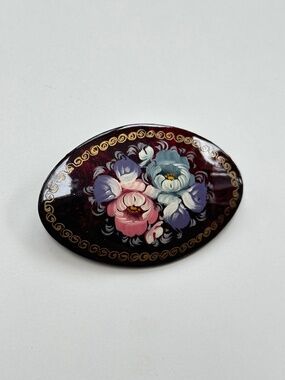 Vintage Russian Lacquer Brooch Hand Painted Floral Pin